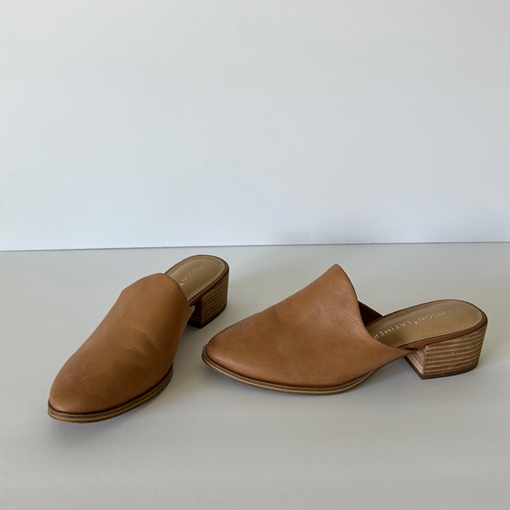 GIBSON & LATIMER JOURY SZ 7M TAN COW LEATHER BLOCK HEEL MULES SHOES